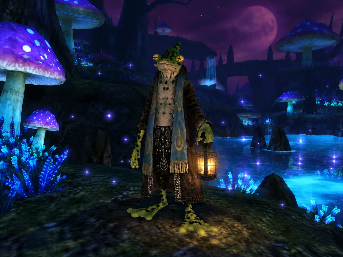 The Monk — a frog monk holding an amber lantern in the glowing mushroom forest